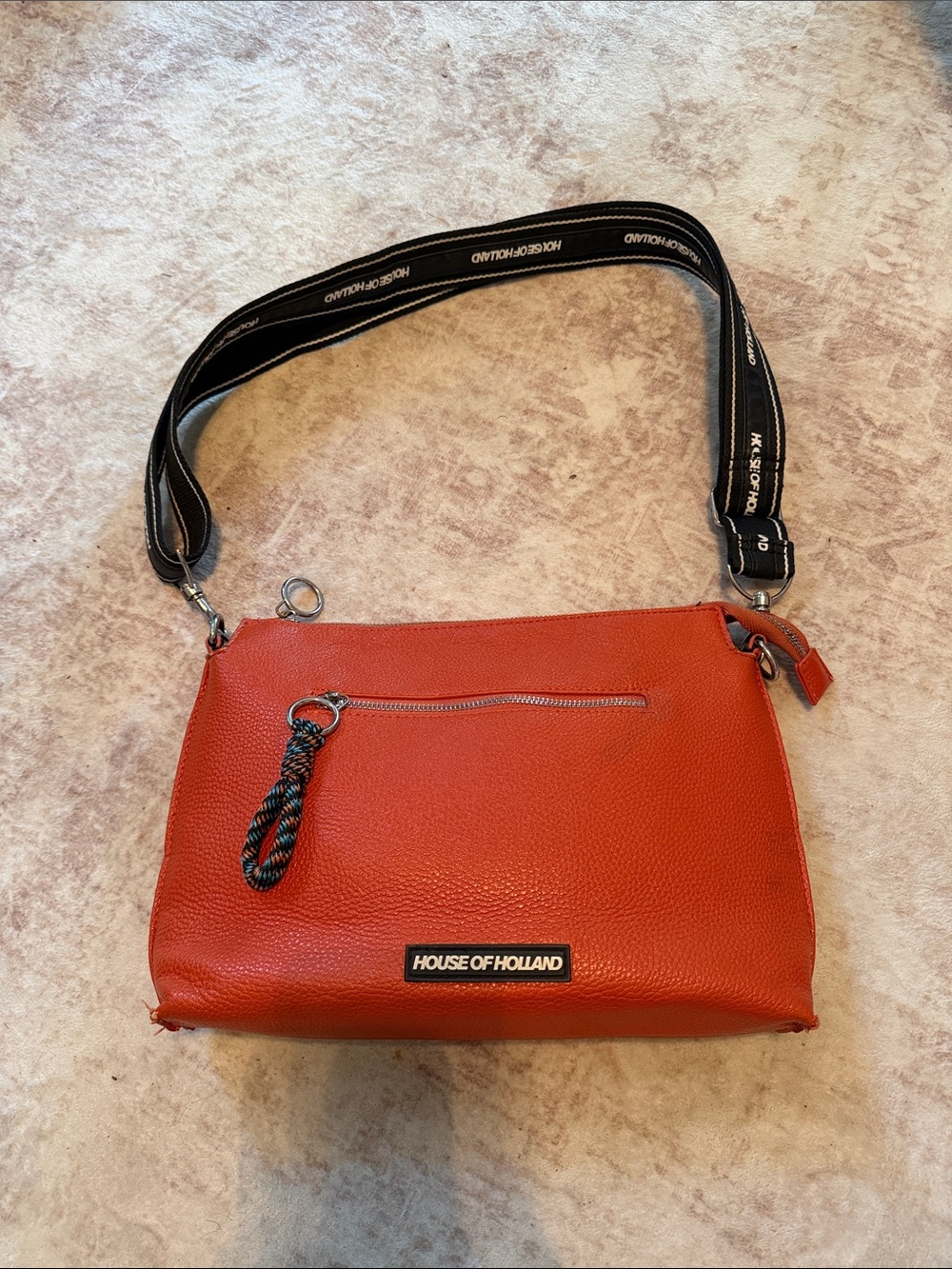 House of Holland Orange-Red Leather Crossbody with Branded Black Strap